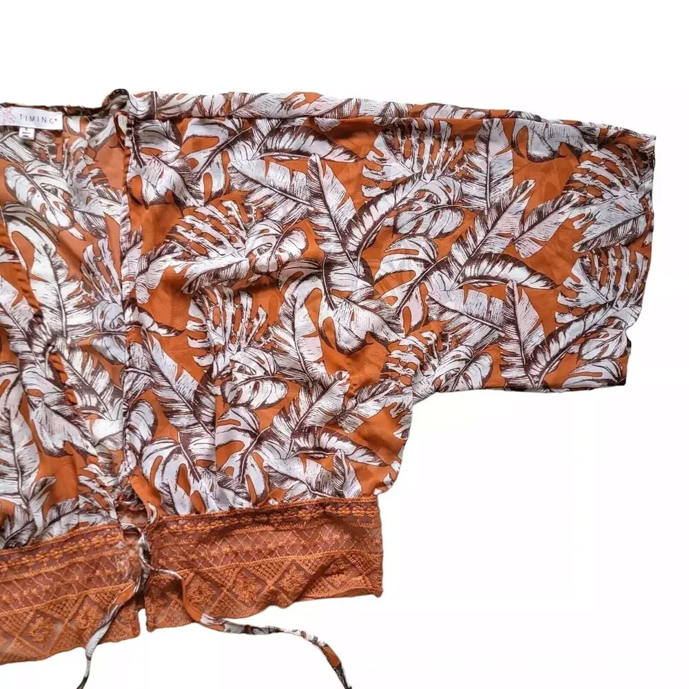 TIMING Blouse Womens XL Orange Wide Sleeve Lace Tie Front Tropical Print Boho - Picture 5 of 7